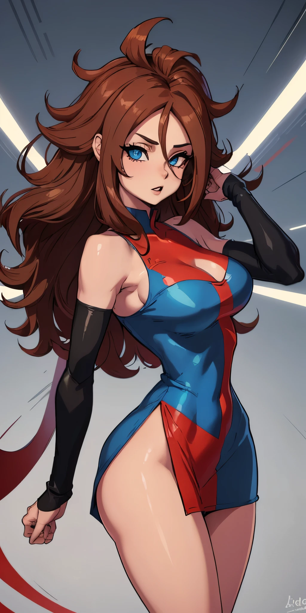 (best quality:1.3), android 21, ), face detailed, face in 8k, perfects eyes, perfect mouth, emphasis on the face, busty, She is on the side, showing the side to the viewer, body is on its side, red and blue dress, Tight dress, very short dress, cleaveage, (brown hair), seductiv, rosto sexly,  sexly, body curvy, big-ass, (short dress), strong legs 