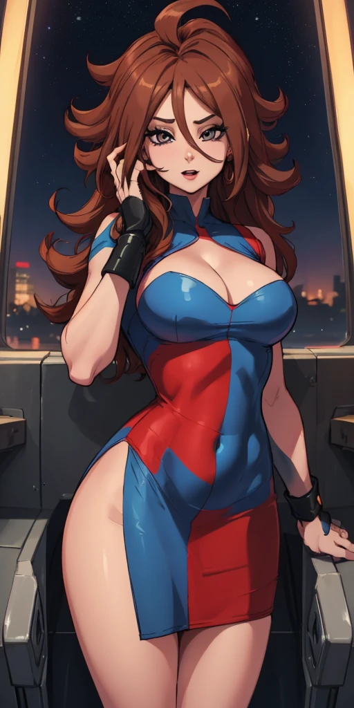 (best quality:1.3), android 21, ), face detailed, face in 8k, perfects eyes, perfect mouth, emphasis on the face, busty, She is on the side, showing the side to the viewer, body is on its side, red and blue dress, Tight dress, very short dress, cleaveage, (brown hair), seductiv, rosto sexly,  sexly, body curvy, big-ass, (short dress), strong legs 