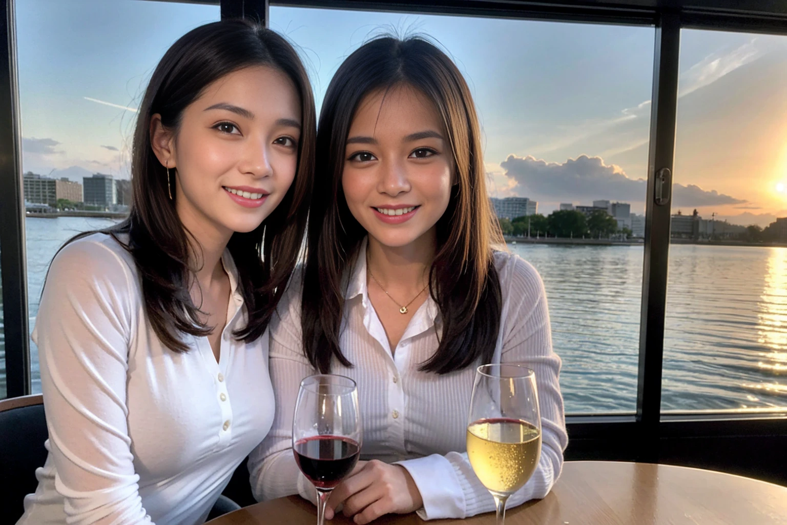 ((Highest quality、8K、masterpiece:1.3))、1 male、1 female、Couple、spouse、石原さとみ似美女Couple、The body is slim、((Bob Hale、Straight hair:1.2)), (Realistic, Intricate details:1.2), テーブルのフルコースディナーとwine glass、Shine light on your face、 Amazing view of the sunset sky and clouds、A bright smile、The wonderfulness of smile、Bright image、The beauty of wine, Beautiful Face, blue eyes, The light shines on your face, Blushing, short hair,Bright Face、 (43 years old), 39 years old, red wine 、Appetizers、Italian food、Wine bottle、Champagne、sparkling wine、Two beauties、Brown Hair、Shortcuts、Long sleeve shirt、dress、Beautiful woman 1, (slimな顔), (The body is slim), (Brown Hair), (Shortcuts), cheeks turn a little red,Attractive beauty、restaurant, In a prominent place (From the waist up) Nova Frog Style, actress, model, Upper Body, White wine, slim, wine glass, 中央に置かれたwine glass, smile, (smile: 1.15), Beautiful fine grain, Depth f/2,saturation, High Contrast, Strong light and shadow,Moist Body:1.5、3D texture、Delicate eyes、Brown Hair、The hair is very shiny、
