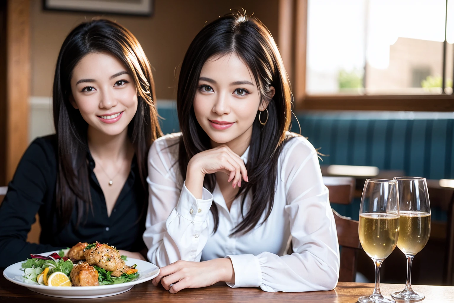 ((Highest quality、8K、masterpiece:1.3))、1 male、1 female、Couple、spouse、石原さとみ似美女Couple、The body is slim、((Bob Hale、Straight hair:1.2)), (Realistic, Intricate details:1.2), テーブルのフルコースディナーとwine glass、Shine light on your face、 Amazing view of the sunset sky and clouds、A bright smile、The wonderfulness of smile、Bright image、The beauty of wine, Beautiful Face, blue eyes, The light shines on your face, Blushing, short hair,Bright Face、 (43 years old), 39 years old, red wine 、Appetizers、Italian food、Wine bottle、Champagne、sparkling wine、Two beauties、Brown Hair、Shortcuts、Long sleeve shirt、dress、Beautiful woman 1, (slimな顔), (The body is slim), (Brown Hair), (Shortcuts), cheeks turn a little red,Attractive beauty、restaurant, In a prominent place (From the waist up) Nova Frog Style, actress, model, Upper Body, White wine, slim, wine glass, 中央に置かれたwine glass, smile, (smile: 1.15), Beautiful fine grain, Depth f/2,saturation, High Contrast, Strong light and shadow,Moist Body:1.5、3D texture、Delicate eyes、Brown Hair、The hair is very shiny、