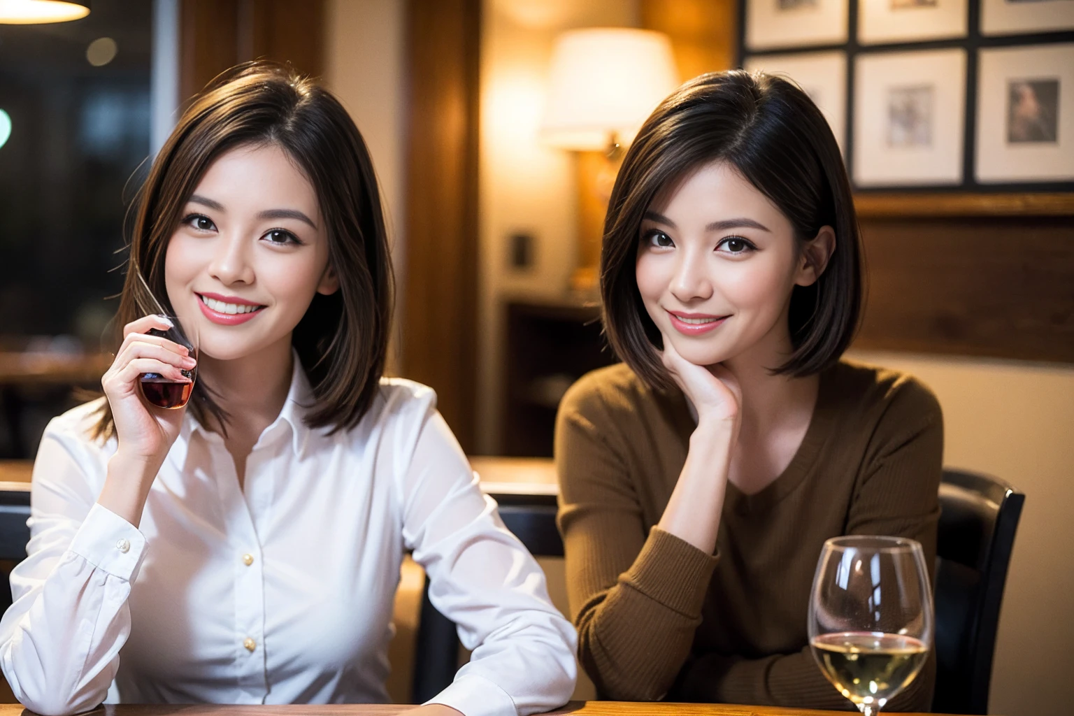 ((Highest quality、8K、masterpiece:1.3))、1 male、1 female、Couple、spouse、石原さとみ似美女Couple、The body is slim、((Bob Hale、Straight hair:1.2)), (Realistic, Intricate details:1.2), テーブルのフルコースディナーとwine glass、Shine light on your face、 Amazing view of the sunset sky and clouds、A bright smile、The wonderfulness of smile、Bright image、The beauty of wine, Beautiful Face, blue eyes, The light shines on your face, Blushing, short hair,Bright Face、 (43 years old), 39 years old, red wine 、Appetizers、Italian food、Wine bottle、Champagne、sparkling wine、Two beauties、Brown Hair、Shortcuts、Long sleeve shirt、dress、Beautiful woman 1, (slimな顔), (The body is slim), (Brown Hair), (Shortcuts), cheeks turn a little red,Attractive beauty、restaurant, In a prominent place (From the waist up) Nova Frog Style, actress, model, Upper Body, White wine, slim, wine glass, 中央に置かれたwine glass, smile, (smile: 1.15), Beautiful fine grain, Depth f/2,saturation, High Contrast, Strong light and shadow,Moist Body:1.5、3D texture、Delicate eyes、Brown Hair、The hair is very shiny、