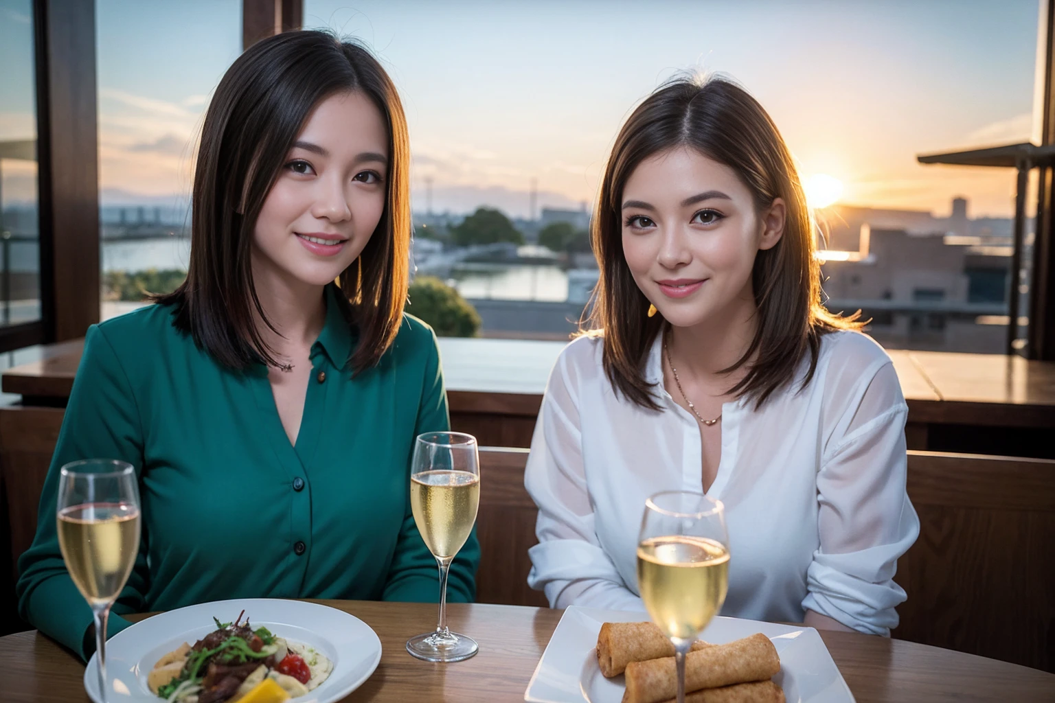 ((Highest quality、8K、masterpiece:1.3))、1 male、1 female、Couple、spouse、石原さとみ似美女Couple、The body is slim、((Bob Hale、Straight hair:1.2)), (Realistic, Intricate details:1.2), テーブルのフルコースディナーとwine glass、Shine light on your face、 Amazing view of the sunset sky and clouds、A bright smile、The wonderfulness of smile、Bright image、The beauty of wine, Beautiful Face, blue eyes, The light shines on your face, Blushing, short hair,Bright Face、 (43 years old), 39 years old, red wine 、Appetizers、Italian food、Wine bottle、Champagne、sparkling wine、Two beauties、Brown Hair、Shortcuts、Long sleeve shirt、dress、Beautiful woman 1, (slimな顔), (The body is slim), (Brown Hair), (Shortcuts), cheeks turn a little red,Attractive beauty、restaurant, In a prominent place (From the waist up) Nova Frog Style, actress, model, Upper Body, White wine, slim, wine glass, 中央に置かれたwine glass, smile, (smile: 1.15), Beautiful fine grain, Depth f/2,saturation, High Contrast, Strong light and shadow,Moist Body:1.5、3D texture、Delicate eyes、Brown Hair、The hair is very shiny、