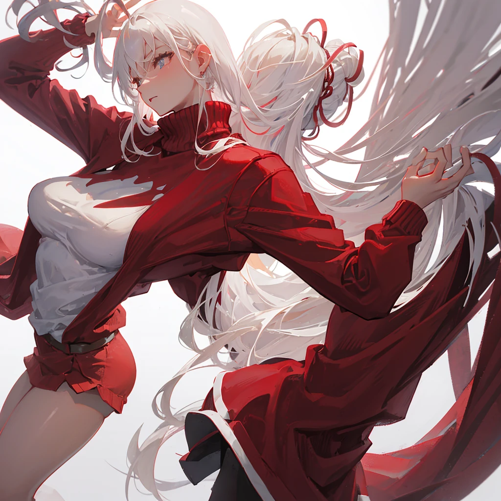 Wearing a red sweater with a high ponytail,Beautiful figure,White hair,Pure white background