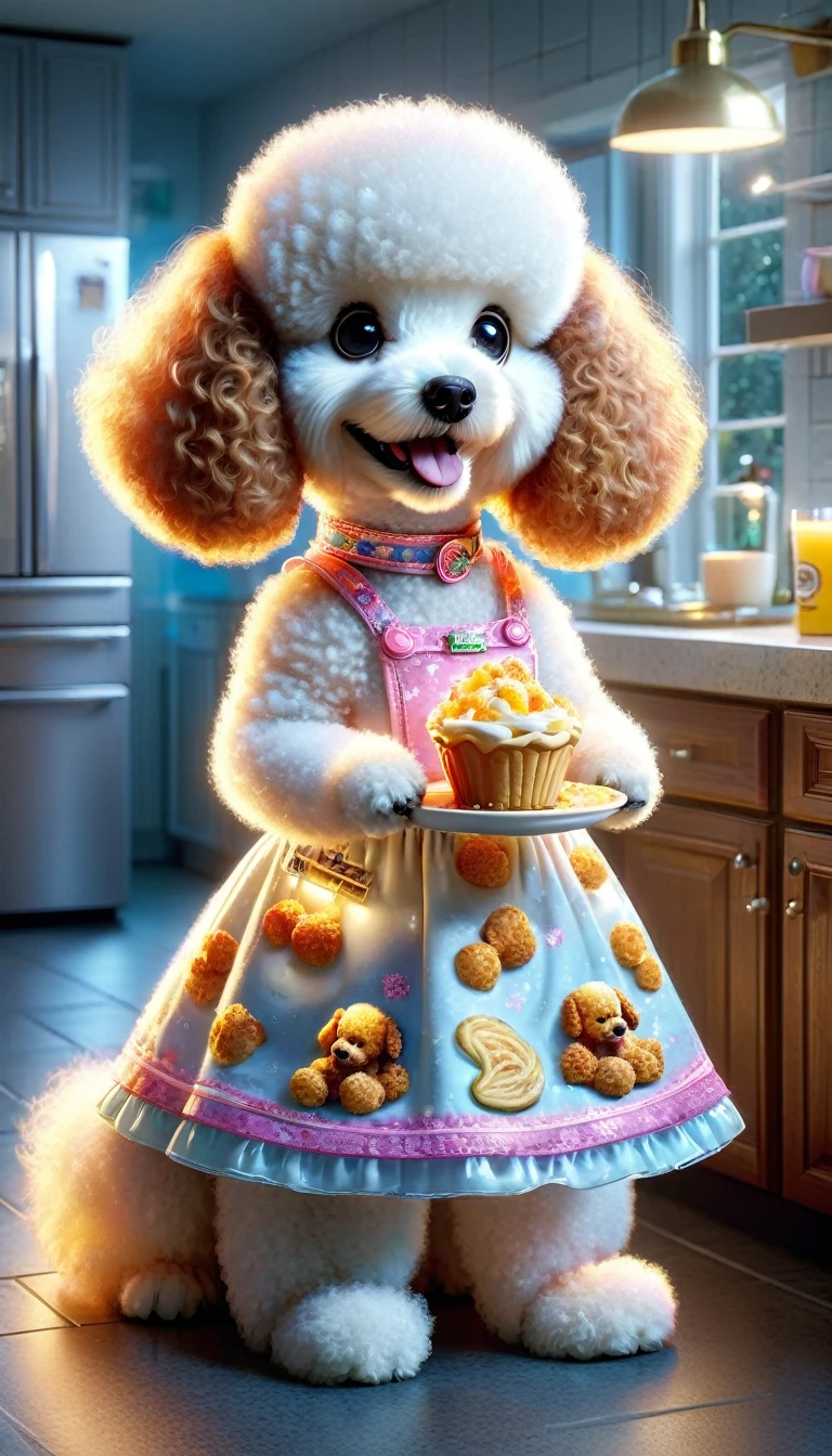 "There are two poodles wearing cute dresses, one is a mummy and one is her daughter, eating food on the counter. The scene is illuminated with photorealistic lighting and includes Garfield the cartoon poodle. The image should have a high-quality, photorealistic style, resembling a 4K food commercial, with a hyper-realistic rendering and a Snapchat photo aesthetic."