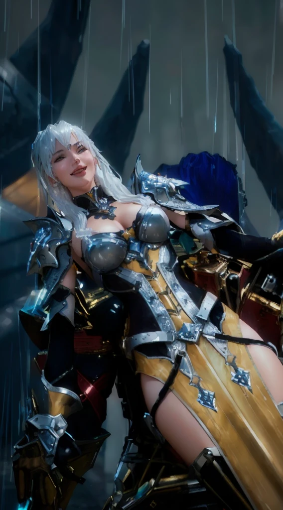 a woman in the rain sitting on a motorcycle, 8k detailed character, 3d rendered character art 8k, from ncsoft, bikini armor female knight, silver icy reflective armor, a beautiful female battle armor, 8k octane render photo, unreal engine rendering + goddess, laughing