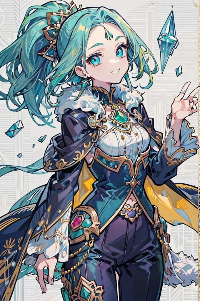 1girl, solo, looking at viewer, cowboy shot, standing, right smile, long hair, ponytail, long sideburns, (forehead jewel), hair ornament, (white background), jewelry, (cyan eyes), jewelry earrings, ((emerald hair)), particles, jewelry ornament, pants, long-sleeves, cape, fur trim, (masterpiece), (best quality), (ultra-detailed), (illustration:1.2), (perfect hands:1.4, two legs), perfectly structured, natural proportions, extremely detailed beautiful anime face,