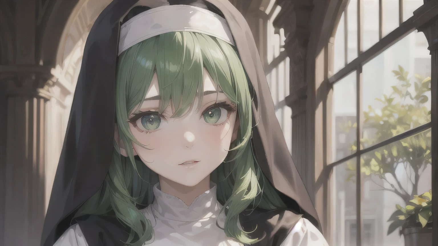 One Girl,20-year-old,Beautiful Face,Upper Body,Wavy Hair, Green Hair, Sharp focus,Nun's clothing、A shy smile、Gentle eyes、Droopy eyes、Green Eyes