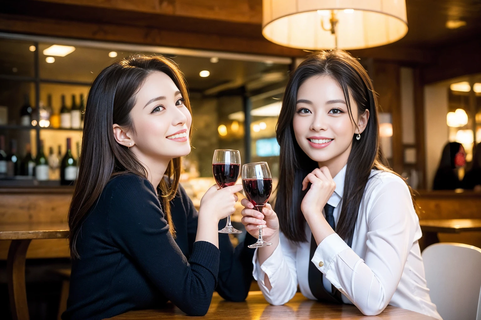 ((Highest quality、8K、masterpiece:1.3))、のsmile、1 male、1 female、Beautiful couple、love love love、Lovers in Paris、Good friends、actress couple、smile、Full-course dinner at a packed table、Brown Hair Couple、the body is スリム、((Bob Hale、Straight hair:1.2)), (Realistic, Intricate details:1.2), Wine glasses on the table、Put the light on your face、 Amazing view of the sunset sky and clouds、A bright smile、The wonderfulness of smile、Bright image、The beauty of wine, Beautiful Face, blue eyes, The light shines on your face, Blushing, short hair,Bright Face、 (Age 37), 39 years old, red wine 、Wine bottle、Champagne、sparkling wine、Two beauties、Brown Hair、Shortcuts、Long sleeve shirt、dress、Beautiful woman 1, (Slim face), (the body is スリム), (Brown Hair), (Shortcuts), cheeks turn a little red,Attractive beauty、restaurant,