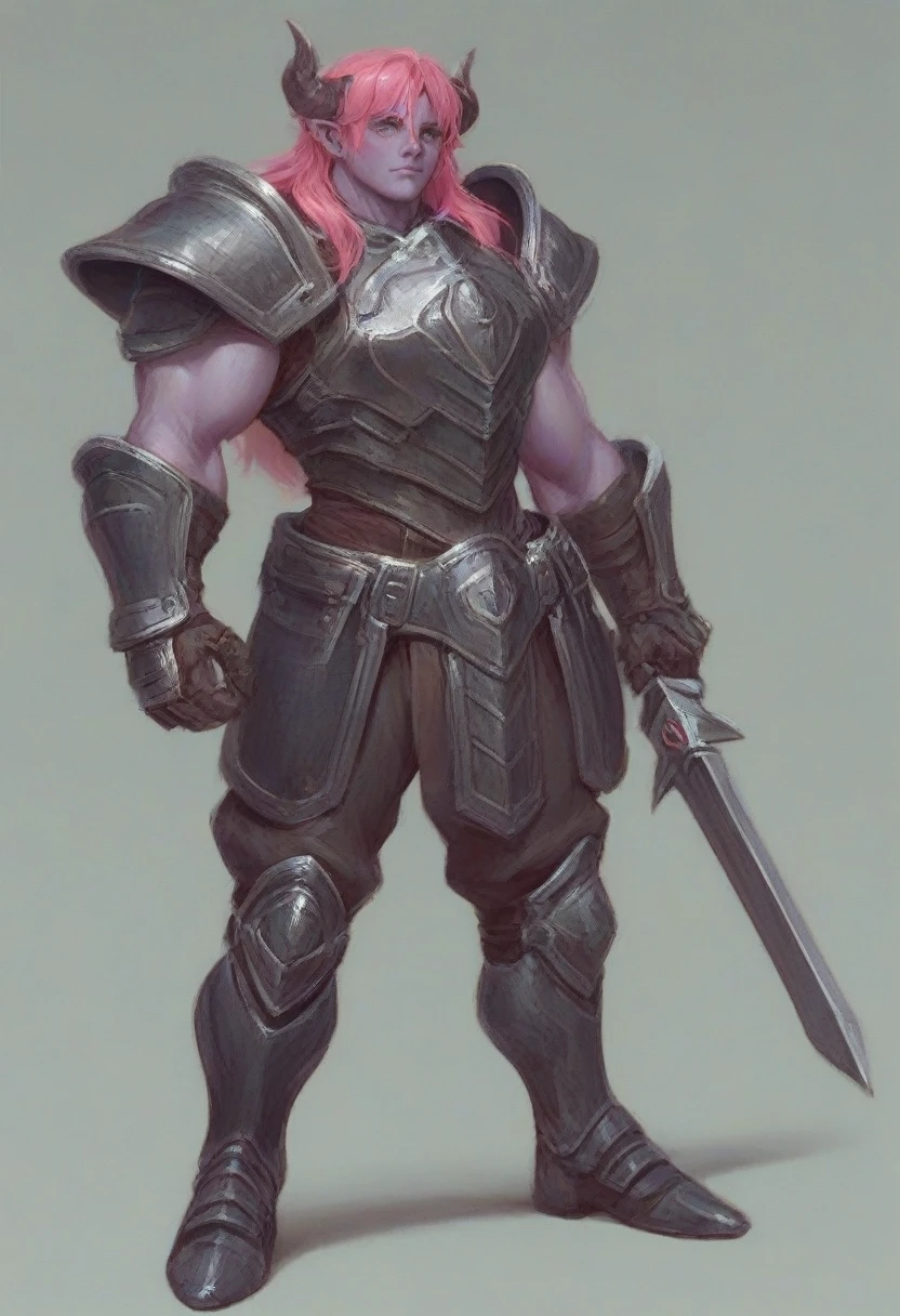 A purple skin man, with pink hair and horns, buff, athletic, big muscles, full body armor, warrior, big chest, manly face, long hair, in a circus making a acorbatic presentation 