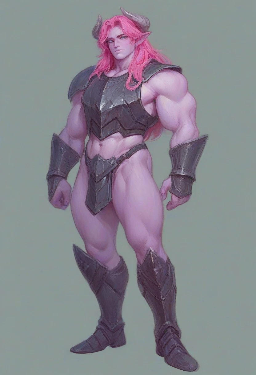 A purple skin man, with pink hair and horns, buff, athletic, big muscles, full body armor, warrior, big chest, manly face, long hair, in a circus making a acorbatic presentation