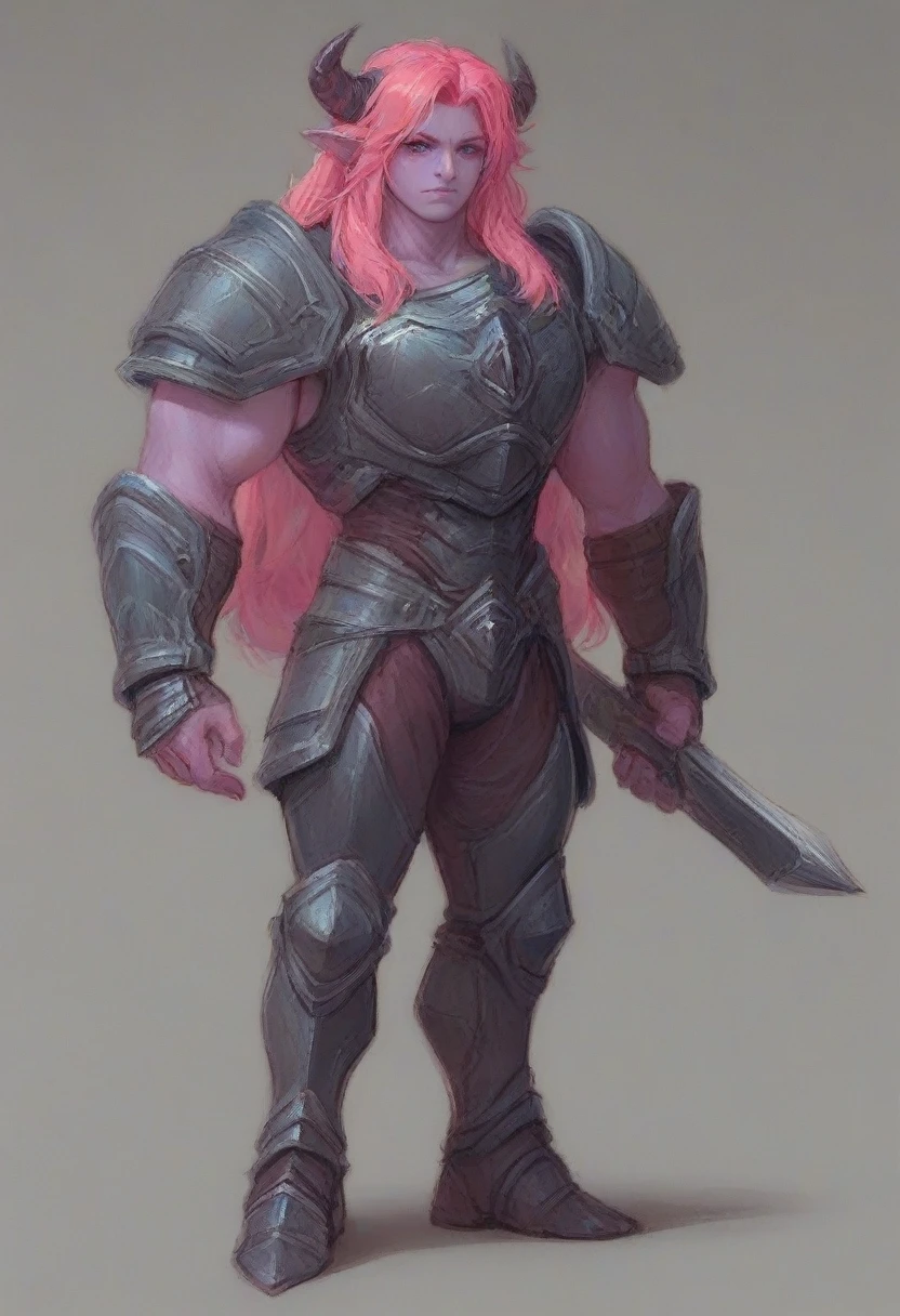 A purple skin man, with pink hair and horns, buff, athletic, big muscles, full body armor, warrior, big chest, manly face, long hair, in a circus making a acorbatic presentation 