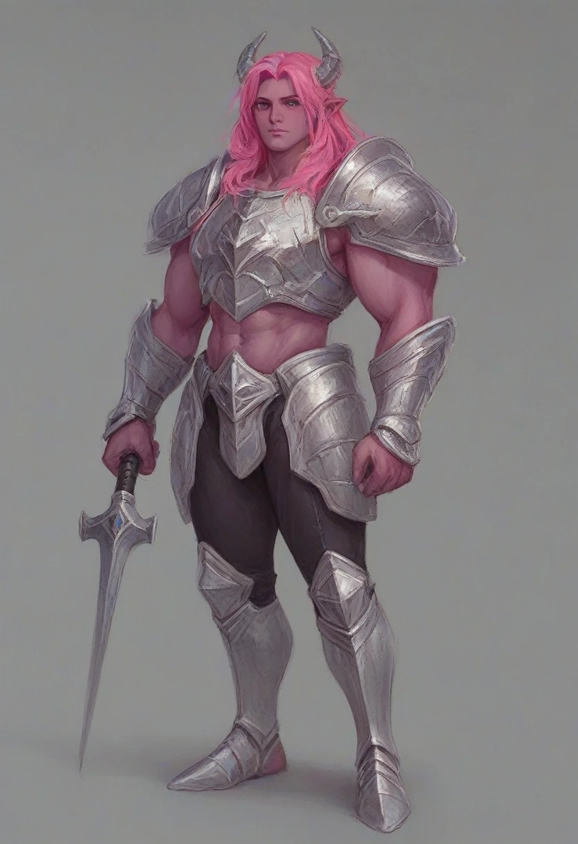 A purple skin man, with pink hair and horns, buff, athletic, big muscles, full body armor, warrior, big chest, manly face, long hair, in a circus making a acorbatic presentation 