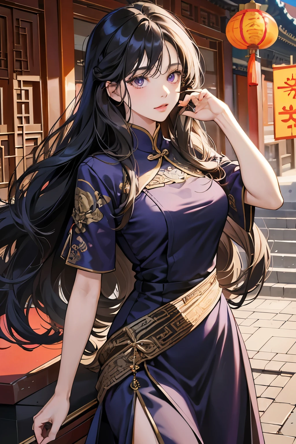 masterpiece, best quality, 1 girl, solo, large breasts, extra long hair, black hair, purple eyes, dark navy china dress, standing, (Beijing:1.2) ,parted bangs , china town , 30 years old , swept bangs , wavy hair , curl outward hair ,