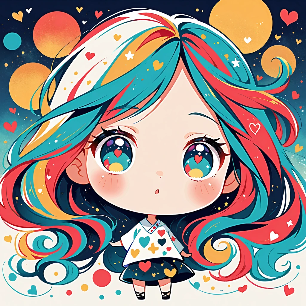 Black Star Red and White style, Simple Line Initialism，Abstract art，Urban Background, colorful hearts ,(((The most beautiful girl of all time))), (((chibi))), Looking up at the night sky, Cute amoeba. 