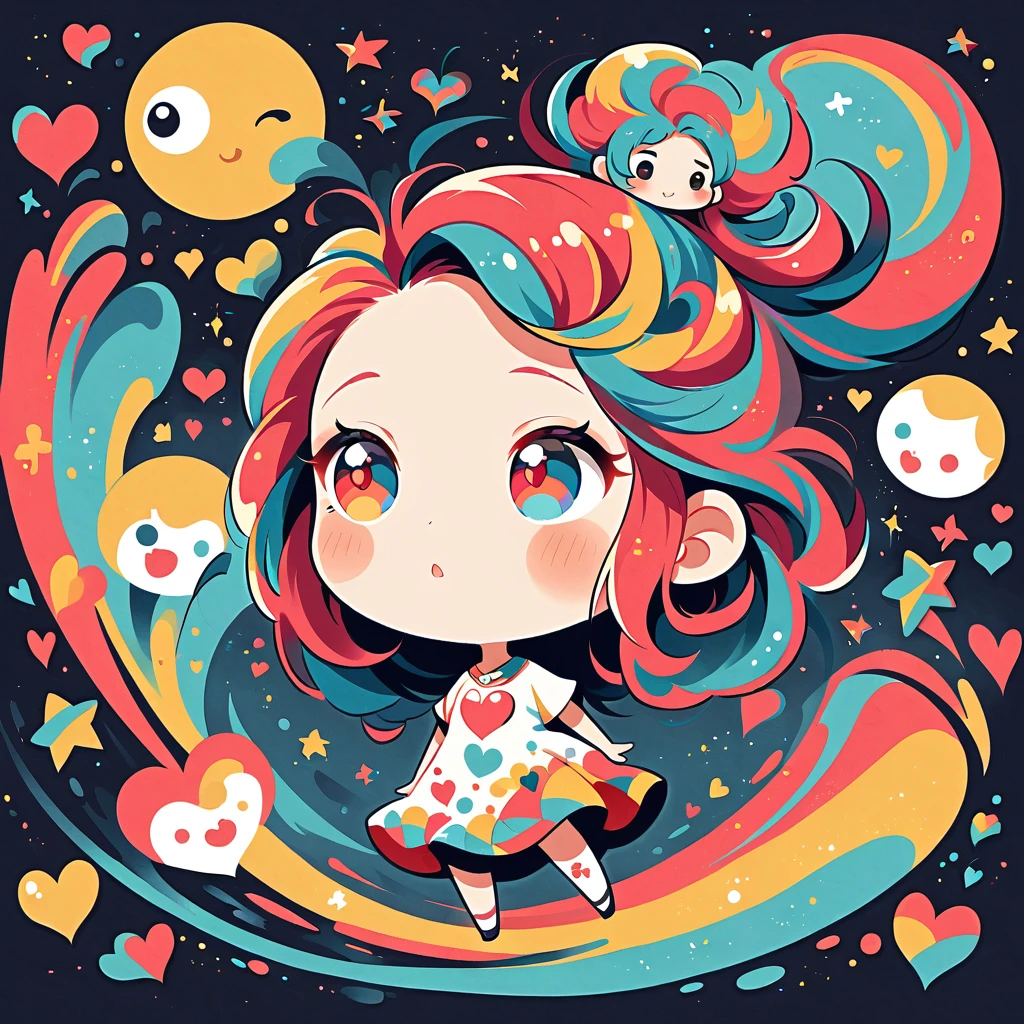 Black Star Red and White style, Simple Line Initialism,Abstract art,Urban Background, colorful hearts ,(((The most beautiful girl of all time))), (((chibi))), Looking up at the night sky, Cute amoeba.