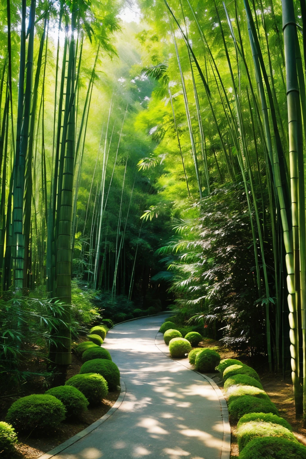((best quality)), ((masterpiece)), (detailed)tall bamboo stalks
dappled sunlight
winding path
serene and quiet
lush green foliage
occasional panda
tranquil stream
cool, shaded air
mystical and enchanting
secluded and serene