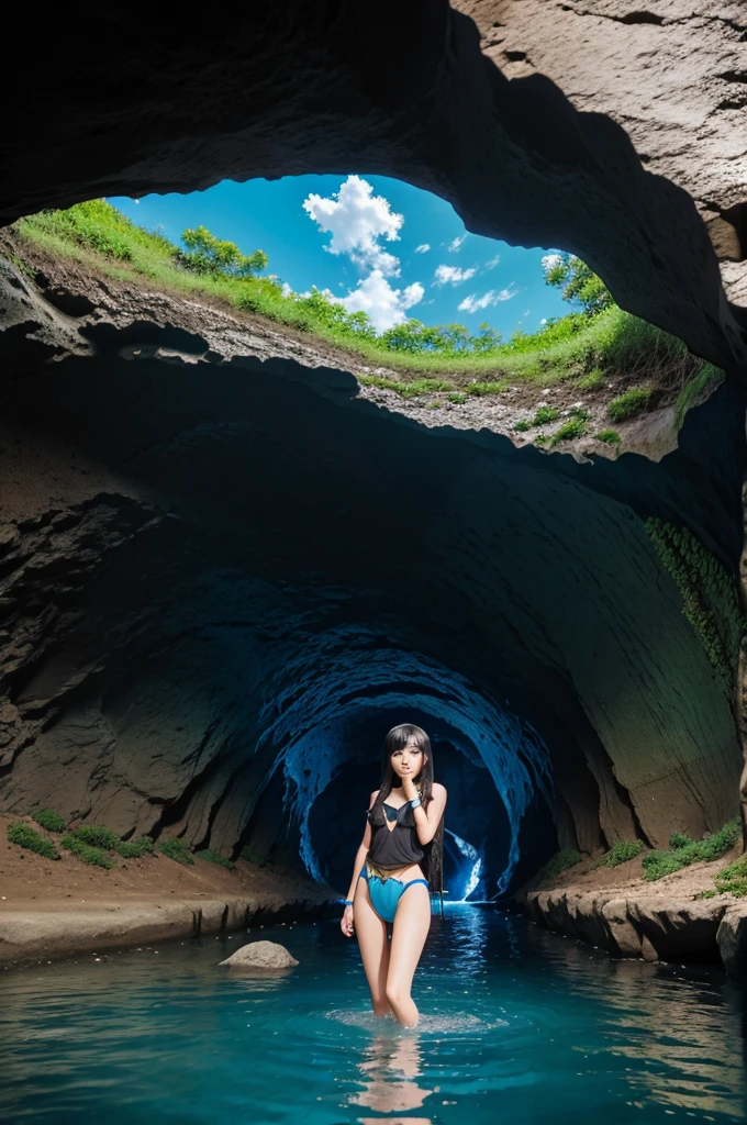 Anime style, cave, girl, water, Cristal