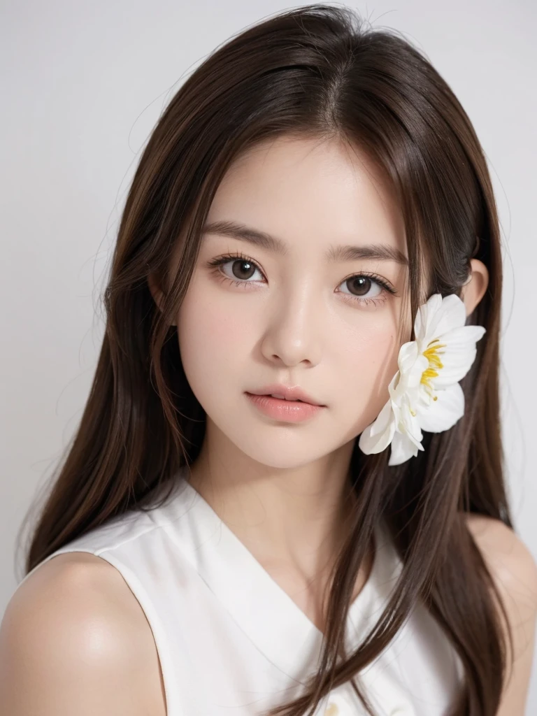 A very cute woman.
My hair is brown.
My hair is medium-length
A picture of your face.
White background