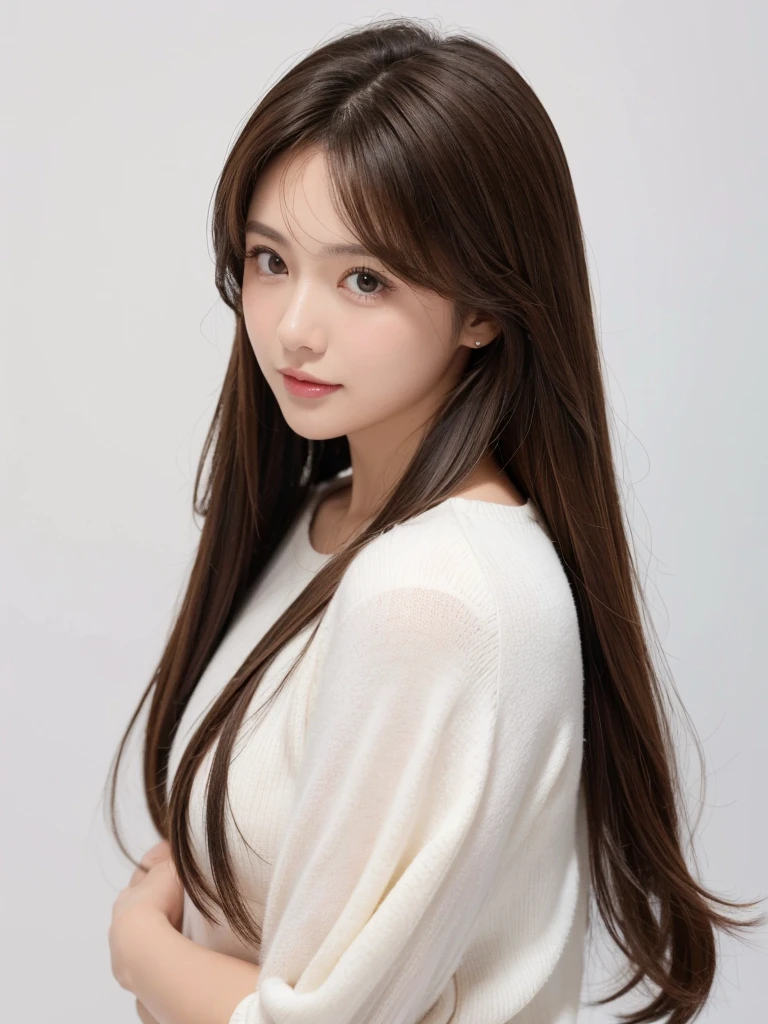 A very cute woman.
My hair is brown.
My hair is medium-length
A picture of your face.
White background