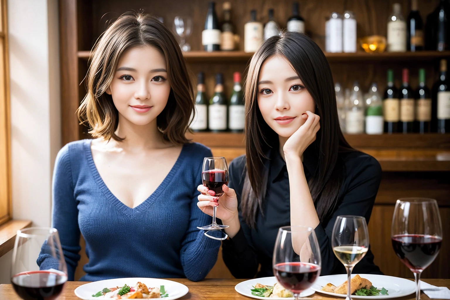 ((Highest quality、8K、masterpiece:1.3))、Sharp focus:1.2、Beautiful woman perfect body:1.4、slimなボディ、((Bob Hale、Straight hair:1.2))、(to be born, Highest quality, masterpiece:1.5), (Realistic, Intricate details:1.2), テーブルにwine glass、Shine light on your face、 Amazing view of the sunset sky and clouds、Amazing mountain views、ニコニコ明るいsmile、smileの素敵な女性、Bright image、2. The beauty of wine, Beautiful Face, blue eyes, The light shines on your face, Blushing, short hair,Bright Face、Fox face、 (43 years old), 39 years old, Lady、red wine 、Appetizers、Italian food、Wine bottle、Champagne、sparkling wine、Two beauties、Brown Hair、Shortcuts、Long sleeve shirt、dress、Beautiful woman 1, (slimな顔), (The body is slim), (Brown Hair), (Shortcuts), cheeks turn a little red,Attractive beauty、, Out of the window, Beautiful and detailed night view.........., restaurant, In a prominent place (From the waist up) Nova Frog Style, actress, model, Upper Body, White wine, slim, wine glass, 真ん中に置かれたwine glass, smile, (smile: 1.15), Beautiful fine grain, Depth f/2,saturation, High Contrast, Strong light and shadow,Moist Body:1.5、3D texture、Delicate eyes、Brown Hair、The hair is very shiny、