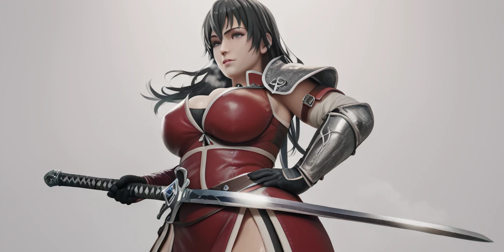 score_9, score_8_up, score_7_up, score_6_up, uncensored, yukinoshita yukino, long hair, black hair, grey eyes, makeup, curvy, anatomically correct, heavy breathing, huge breasts, sword, weapon, 1girl, solo, armor, long_hair, sheath, breasts, hand_on_hip, belt, large_breasts, grey_background, shoulder_armor, pauldrons, gloves, holding, grey eyes, naughty face, lips, steaming body, 