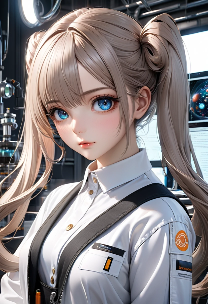 A woman in overalls and a lab coat, with long twin tails, (best quality,4k,8k,highres,masterpiece:1.2),ultra-detailed,(realistic,photorealistic,photo-realistic:1.37),detailed facial features, beautiful detailed eyes, sexy, extremely detailed eyes and face, long eyelashes, science laboratory, advanced technology, futuristic, intricate details, cinematic lighting, warm color palette, dramatic shadows
