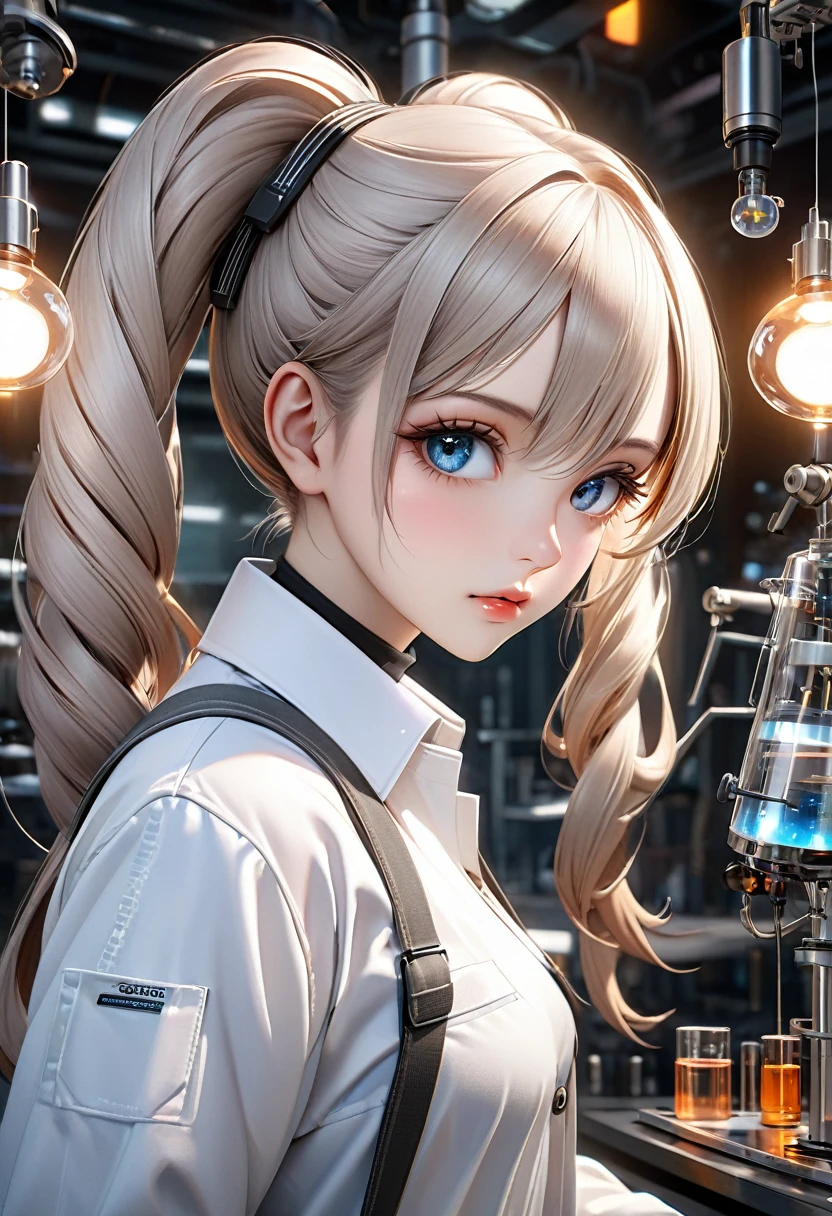 A woman in overalls and a lab coat, with long twin tails, (best quality,4k,8k,highres,masterpiece:1.2),ultra-detailed,(realistic,photorealistic,photo-realistic:1.37),detailed facial features, beautiful detailed eyes, sexy, extremely detailed eyes and face, long eyelashes, science laboratory, advanced technology, futuristic, intricate details, cinematic lighting, warm color palette, dramatic shadows