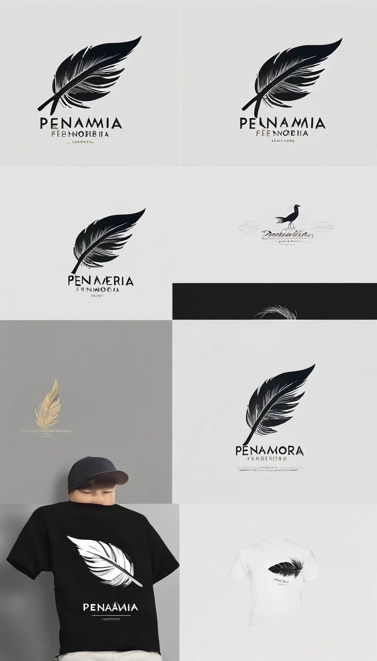 Create a minimal, modern, simple, inspirational, memorable, dream like logo design of a boy and a feather for the brand “Penamemoria".