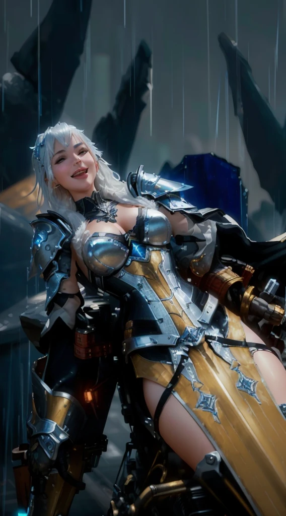 a woman in the rain sitting on a motorcycle, 8k detailed character, 3d rendered character art 8k, from ncsoft, bikini armor female knight, silver icy reflective armor, a beautiful female battle armor, 8k octane render photo, unreal engine rendering + goddess, laughing