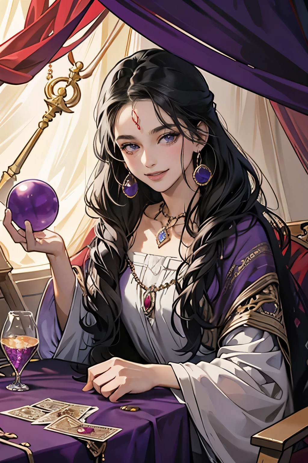 masuterpiece, best quality, portrait, 1 girl, Gypsy, Romani, gypsy witch, black hair, smiling, sitting at fortune telling table, tarot cards, crystal ball, inside tent, purple mysterious atmosphere, looking at viewer, 18K, show forehead