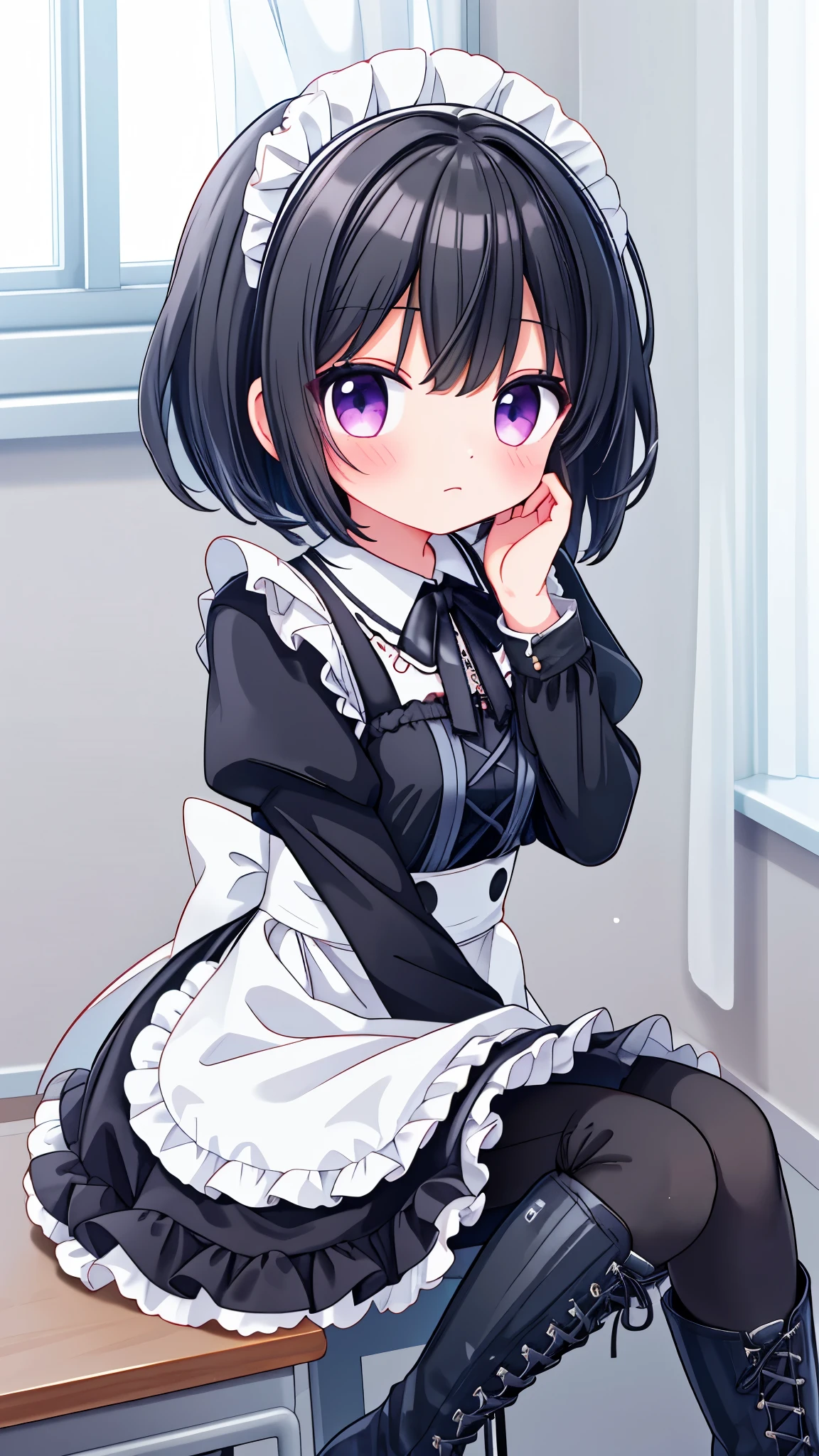 girl,Black short hair,maid outfit,Black lace-up boots,White pantyhose,Blushing shy,Classroom scene,demon