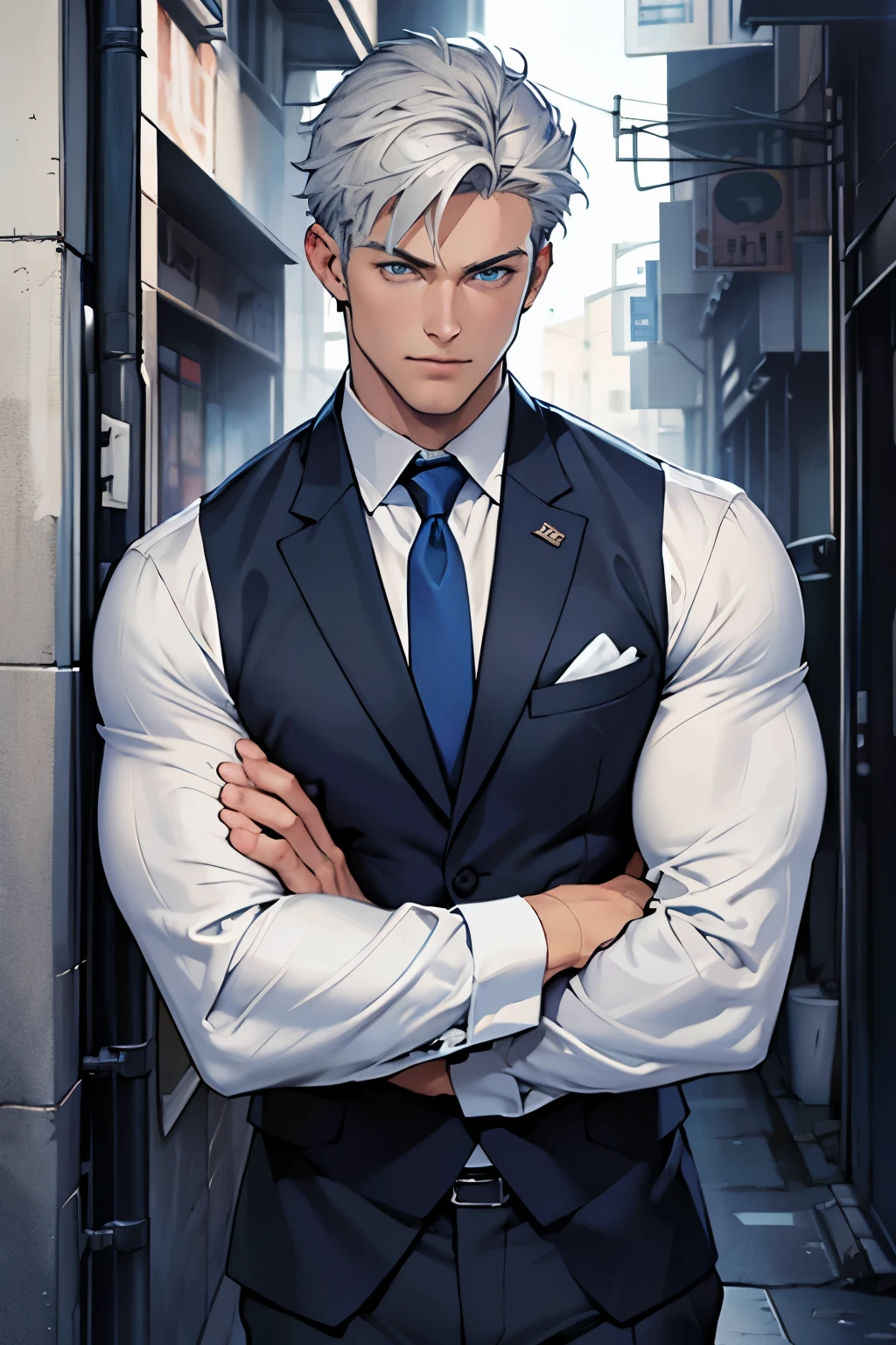 Drawing of a young Chad, Dark blue suit, White shirt,Pants, Looking at the camera, male,Silver short hair,Blue Eyeuscle,bodyguard