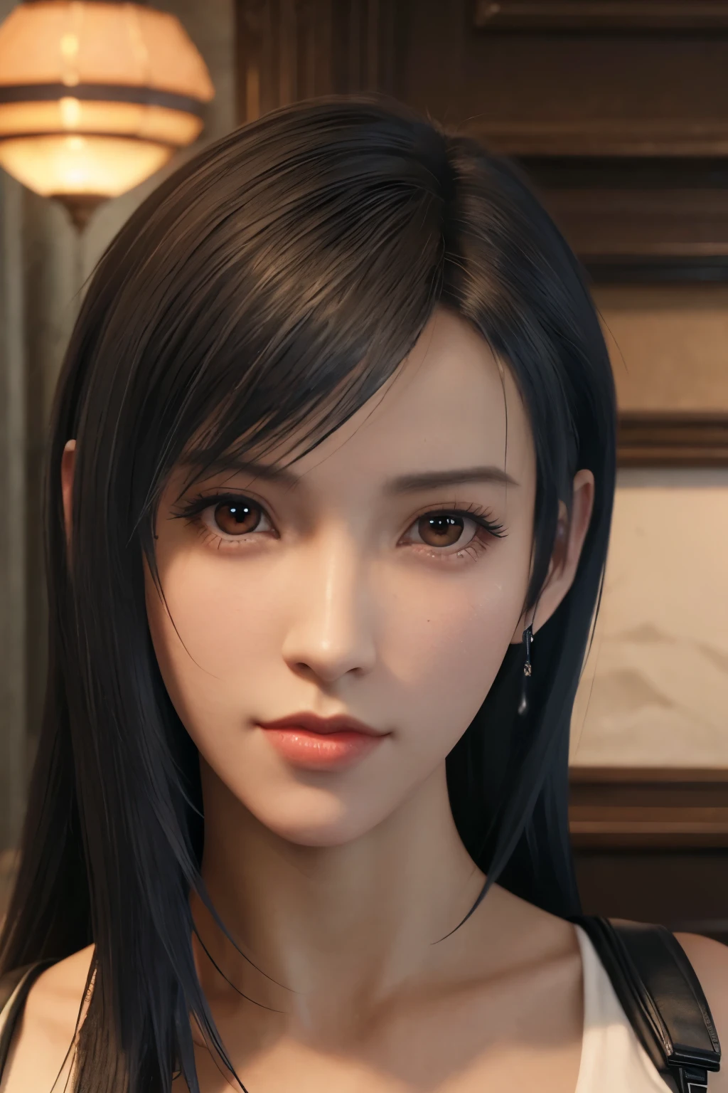 (tifa_lockhart), a stunningly beautiful korean girl, close-up portrait, symmetrical and feminine face, piercing eyes, delicate lips, flawless skin, porcelain complexion, elegant beauty, high-quality, hyperrealistic, 8k, photorealistic, cinematic lighting, dramatic lighting, vivid colors, chiaroscuro, impeccable details, masterpiece, high-end digital art