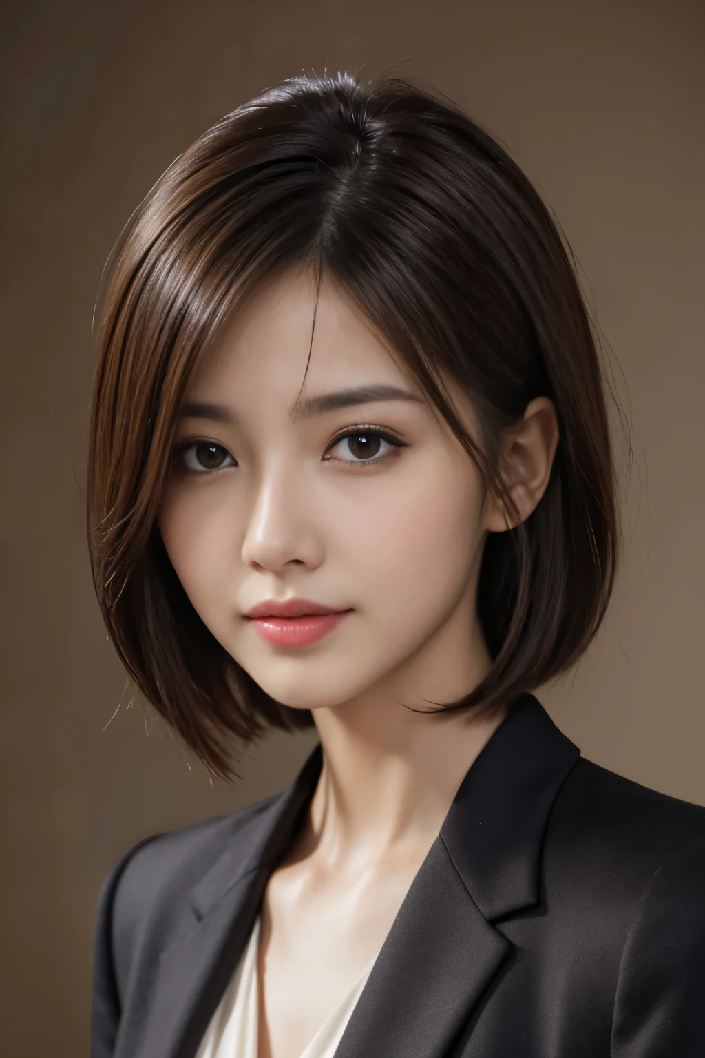 The best quality at its best, Realistically, Super detailed, More about pubic hair, High resolution, Plain background,8k wallpaper, One beautiful woman,,Light brown short hair, Wear a dark suit, Lock Focus, Perfect dynamic composition, Beautiful Eyes, Delicate hair, 细致Realistically的皮肤纹理, smile, Close-up portrait, Model Body Type