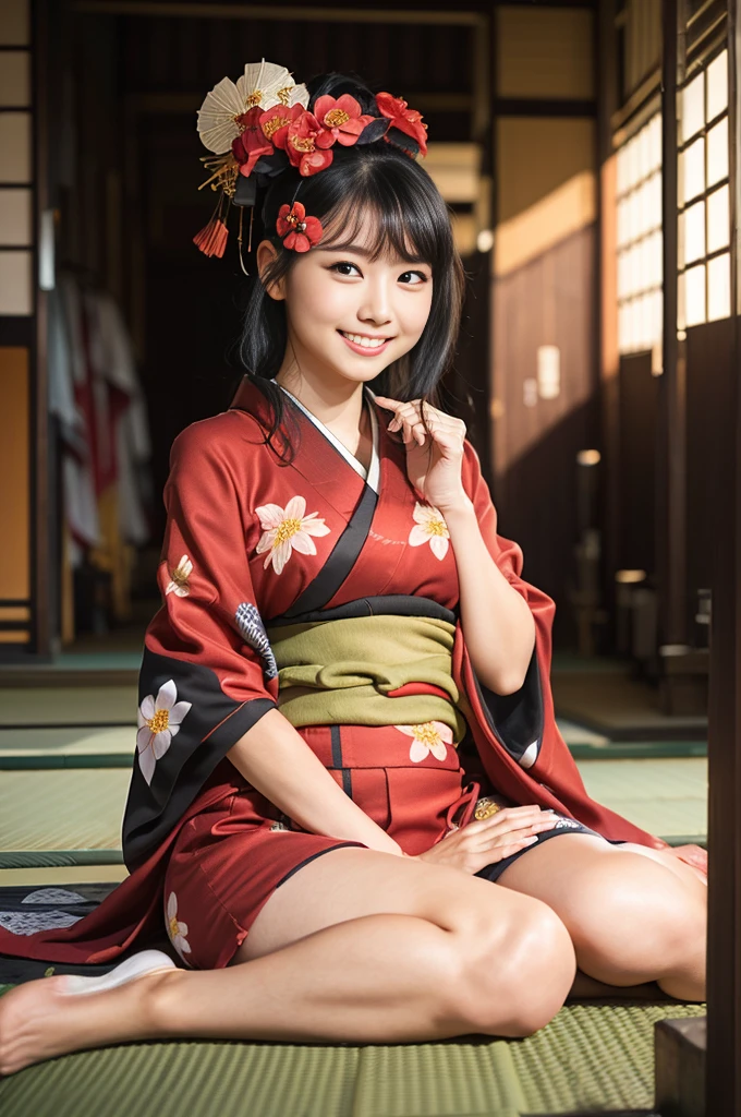 (8K、Raw photography、Highest quality、masterpiece:1.2),(Black Hair、Dark Eyes:1.9),(Flower pattern kimono:1.6)、View your audience,Viewed from the front,White skin,(ponytail:1.3)、(Tight waist:1.6)、(Clothes that accentuate the shape of the breasts:1.0)、(Big Breasts :1.3)、Slim figure、Ultra-high resolution,beautiful,beautiful fece,(One person、No background:1.9),whole bodyボディー,Japanese women,(reality的:1.37)、Photon Mapping,reality、(Baby-faced and cute: 1.4)、(Cute Smile: 1.8)、(Round face: 1.8)、Radio City、Physically Based Rendering、Depth of field rally background、photograph, (I can see your knees、Thigh close-up:1.8),(:1.6),whole body、Great quality