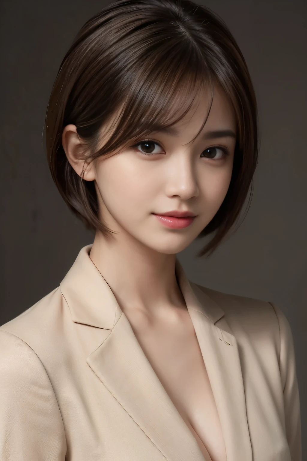 The best quality at its best, Realistically, Super detailed, More about pubic hair, High resolution, Plain background，8k wallpaper, One beautiful woman,,Light brown short hair, Wear a dark suit, Lock Focus, Perfect dynamic composition, Beautiful Eyes, Delicate hair, 细致Realistically的皮肤纹理, smile, Close-up portrait, Model Body Type