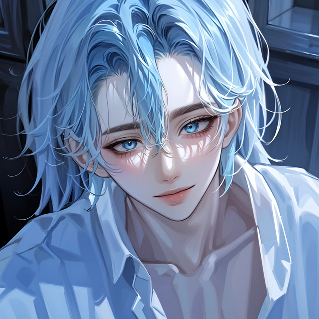 (absurdres, highres, ultra detailed),(Masterpiece, best quality:1.2),1boy,spiky messy hair,blue hair,deep blue eyes, extremely detailed eyes, close up shot, Portrait, smiling, absolutely stunning art