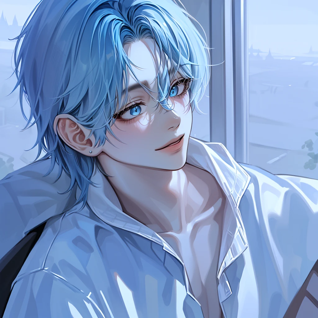 (absurdres, highres, ultra detailed),(Masterpiece, best quality:1.2),1boy,spiky messy hair,blue hair,deep blue eyes, extremely detailed eyes, close up shot, Portrait, smiling, absolutely stunning art