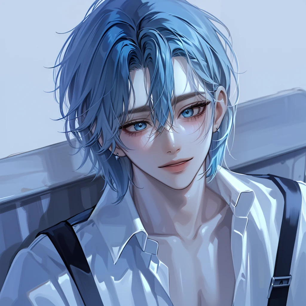 (absurdres, highres, ultra detailed),(Masterpiece, best quality:1.2),1boy,spiky messy hair,blue hair,deep blue eyes, extremely detailed eyes, close up shot, Portrait, smiling, absolutely stunning art