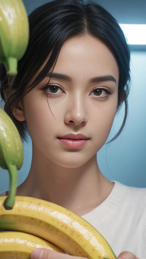 (RAW photo :1.2), (verisimilitude :1.4), banana in hand, posing at the screen with a smile, very detailed eyes and face, super detailed, High resolution, very detailed, best quality, masterpiece, 8k, amazing, fine detail, soft lighting