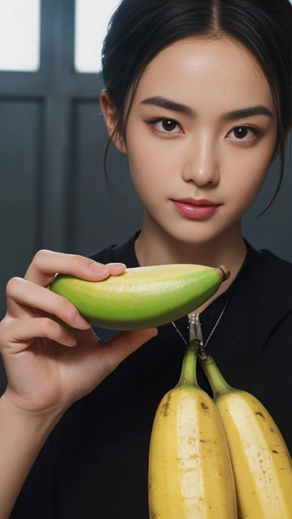 (RAW photo :1.2), (verisimilitude :1.4), banana in hand, posing at the screen with a smile, very detailed eyes and face, super detailed, High resolution, very detailed, best quality, masterpiece, 8k, amazing, fine detail, soft lighting