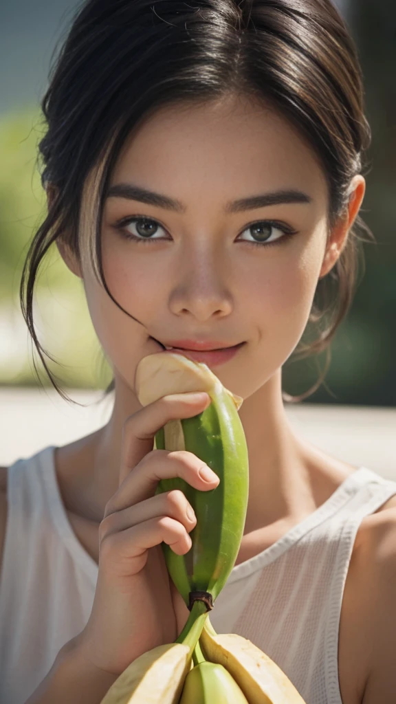 (RAW photo :1.2), (verisimilitude :1.4), banana in hand, posing at the screen with a smile, very detailed eyes and face, super detailed, High resolution, very detailed, best quality, masterpiece, 8k, amazing, fine detail, soft lighting