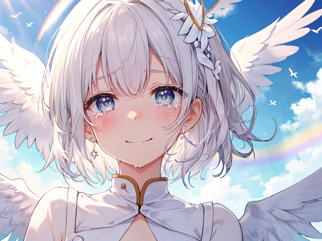 (((Extreme close-up　tears　smile　Low - Angle　Dove of peace　Angel Halo)))　((輝くtears　Rainbow Eyes　Short Hair　Receiving the light　Rainbow light))　(Shining Edge)