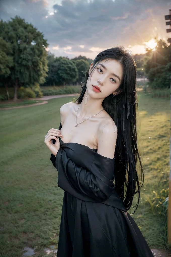 (((best quality))),(((ultra detailed))),(((masterpiece))),illustration,((1 beautiful girl,solo)),((slim,thin,flat chest)),(shoulder length straight bob hair:1.2),flowing hair,fair skin,(shiny skin:1.3),sparkling eyes,blue sundress,delicate necklace,grass,dewdropletts,trees,bird chirping,serenity,gratitude,awe,wonders of nature,peace,contentment,magnificent world,summer,(pitch-dark dawn:1.5),(night scene:1.3),upper body,from front,after rain,(wet:1.3),standing,on the path,dark clouds,confident gaze,elegant posture,mysterious atmosphere,solemn mood,deep blue sky,dawn approaching,detailed decorations,(sunrise:1.3),rainbow