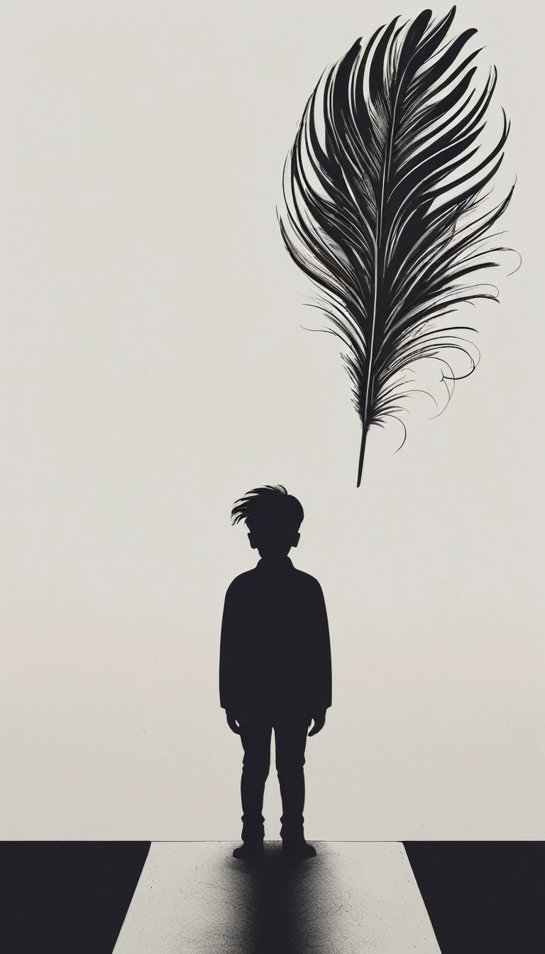 A minimal, modern, simple, cinematic logotype of a boy with a head full of feathers for the brand “Penamemoria" .