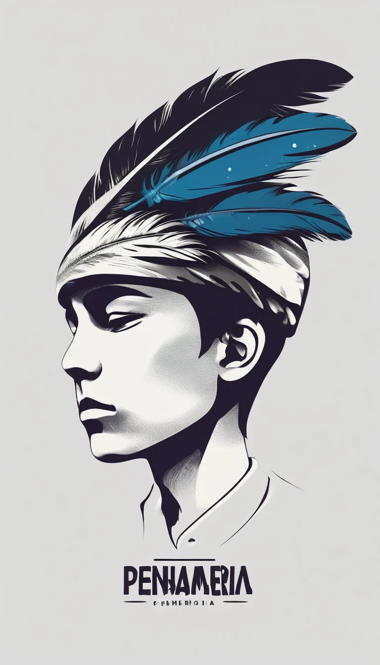 A minimal, modern, simple, cinematic logotype of a boy with a head full of feathers for the brand “Penamemoria" .