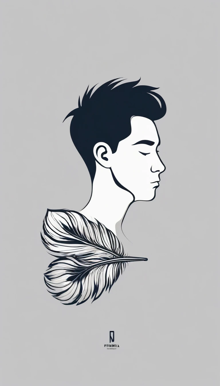 A minimal, modern, simple, cinematic logotype of a boy with a head full of feathers for the brand “Penamemoria" .