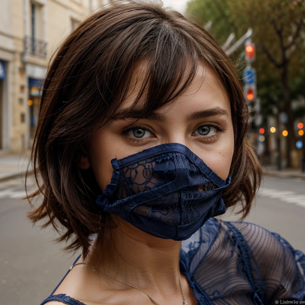 Fille brune aux yeux bleu, en lingerie, plan american, dans les rues du sud de la france, lumiere diffuse vu de dos