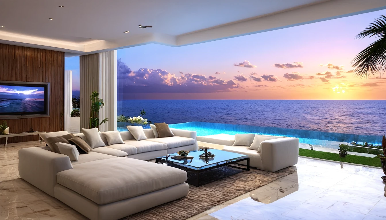 ((Beautiful Clouds))Designer lighting in front、There is a sofa and a coffee cup on the table、There is a waterfall nearby、Sunset and sea in the distance,(High-quality poolside flooring),There is a wall-mounted TV、Screen 70%The sea,4K,Ultra HD,Extravagant space,Ambient indirect lighting,Palm tree,rich,rich,VIP,VIP、There is a Monstera potted plant.