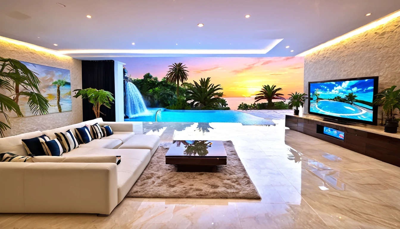 ((Beautiful Clouds))Designer lighting in front、There is a sofa and a coffee cup on the table、There is a waterfall nearby、Sunset and sea in the distance,(High-quality poolside flooring),There is a wall-mounted TV、Screen 70%The sea,4K,Ultra HD,Extravagant space,Ambient indirect lighting,Palm tree,rich,rich,VIP,VIP、There is a Monstera potted plant.